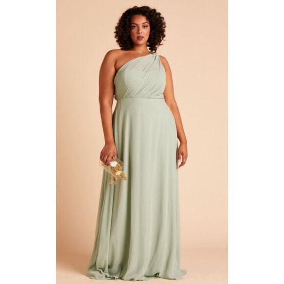 Birdy Grey Kira Chiffon Bridesmaid Dress Size M Sage Green One Shoulder Maxi - Picture 2 of 10
